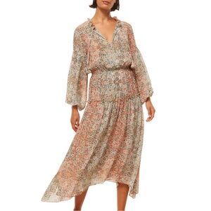 Misa Los Angeles Floral Long-Sleeve Boho Midi Dress in Peach and Sage NWOT